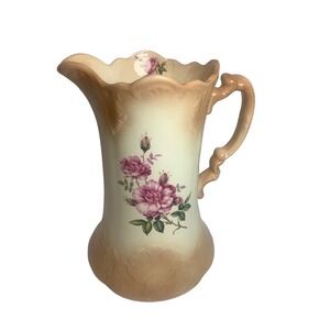 Vintage‎ Cottagecore Floral Ceramic Pitcher Victorian Scalloped Rim Peach Cream